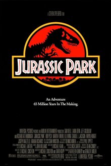 Affiche originale de Jurassic Park (1993), avec le squelette de tyrannosaure qui deviendra le logo de toute la franchise