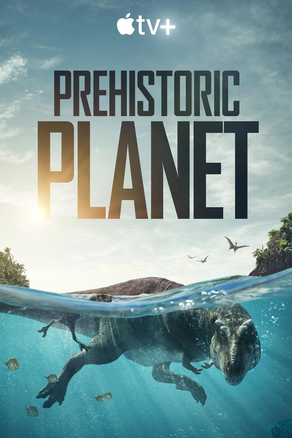 Affiche de Prehistoric Planet (2022), la série d'Apple TV+ narrée par David Attenborough : un tyrannosaure nage entre deux îles, survolé par des ptérosaures